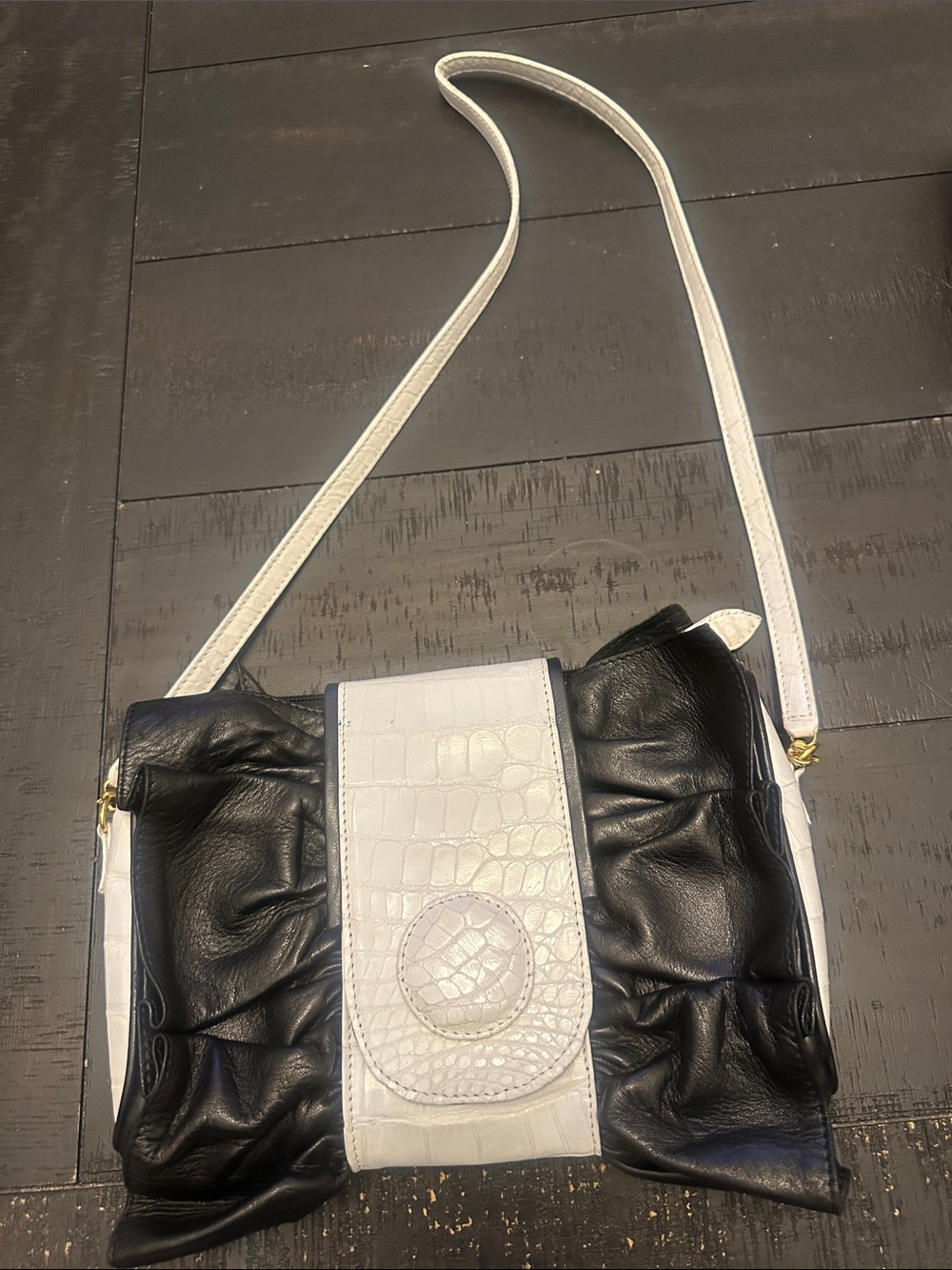 Fleming’s Black and White Genuine Leather Shoulder Bag Made in Italy